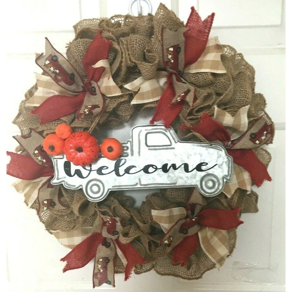 Fall Wreath Burlap Farmhouse Rustic Truck Welcome Sign Handmade